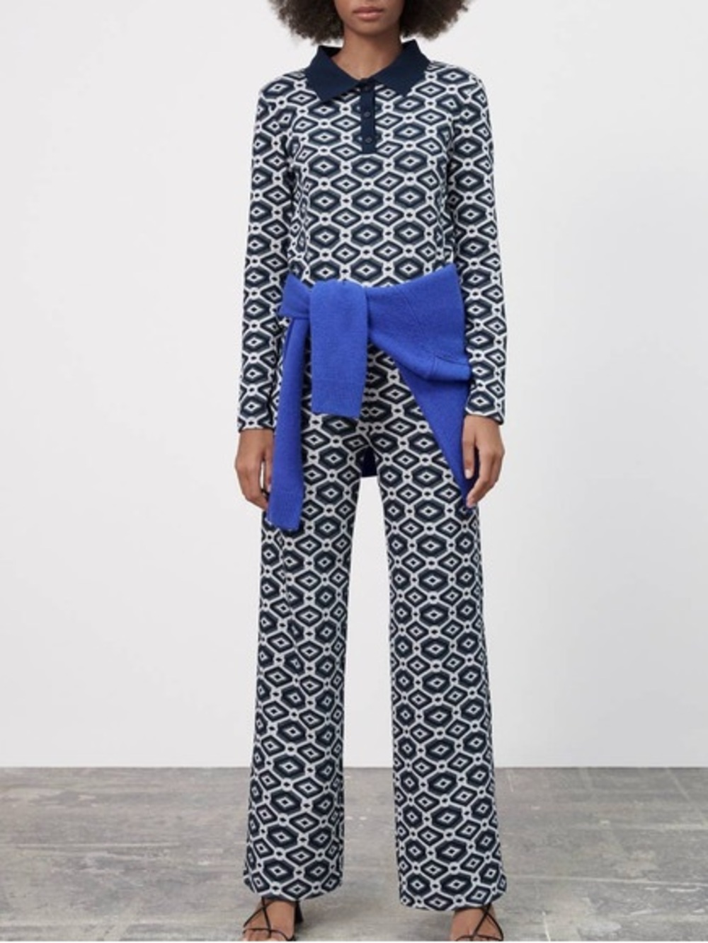 NWT Zara Jacquard Geometric Polo Top and Pants SET in Blue